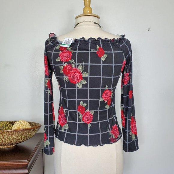 Ultra Flirt Black Gray Red Green Floral Grid Soft Off/On Shoulder Top L (Jun) - Picture 5 of 11